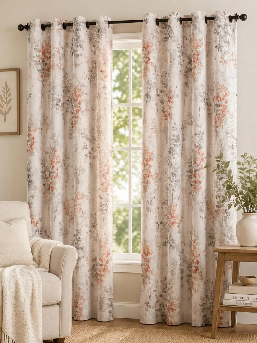 StacyPik Linen Blend Floral Curtains 84 Inch Grommet Gray Coral 2 Panels NWT